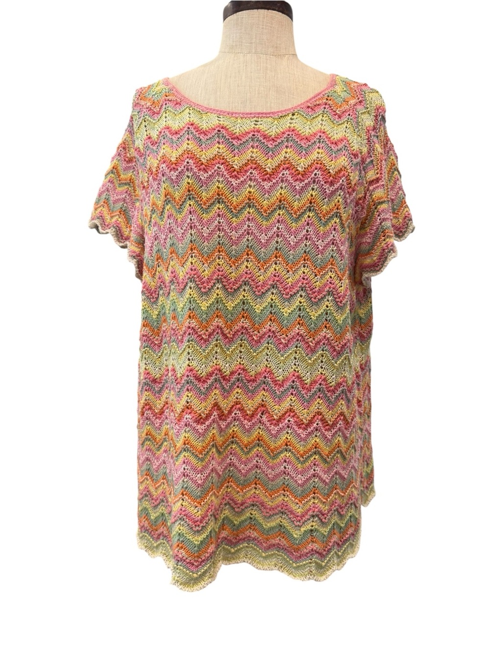Sigrid Olsen zig zag print crochet short sleeve sweater pastel colors